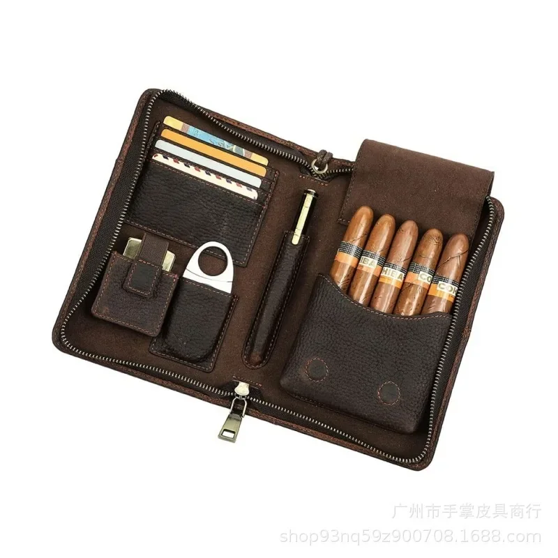 Luxury Vintage Leather Genuine Humidor Cigar Box Portable Travel Cigar Case for Cigar Cutter Lighter Set Accessories