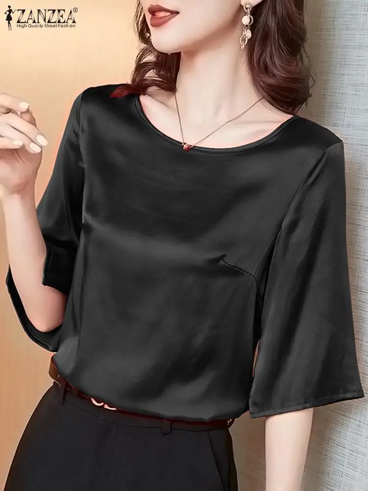 ZANZEA Women Short Sleeve Satin Blouse Fashion Tunic Tops Elegant Lady Office Shirt Casual Party HolidayTunic Party Blusas Mujer