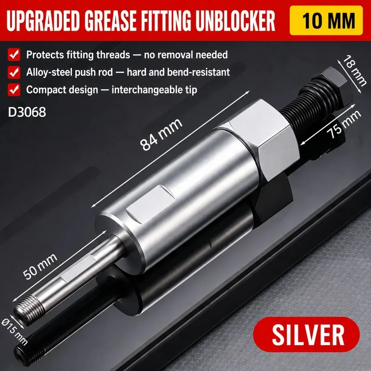 TINSOL Grease Fitting Unblocker Tool Kit with 6/8/10mm Push Rods, Alloy Steel Grease Zerk Cleaner for Auto and Farm Equipment