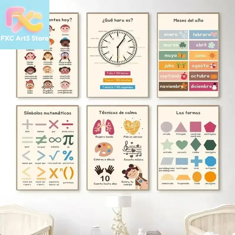 1pc frameless  Boho Wall Art Number Alphabet Learning Poster Spanish Educational Posters And Prints Kids Toddler Playroom Decor