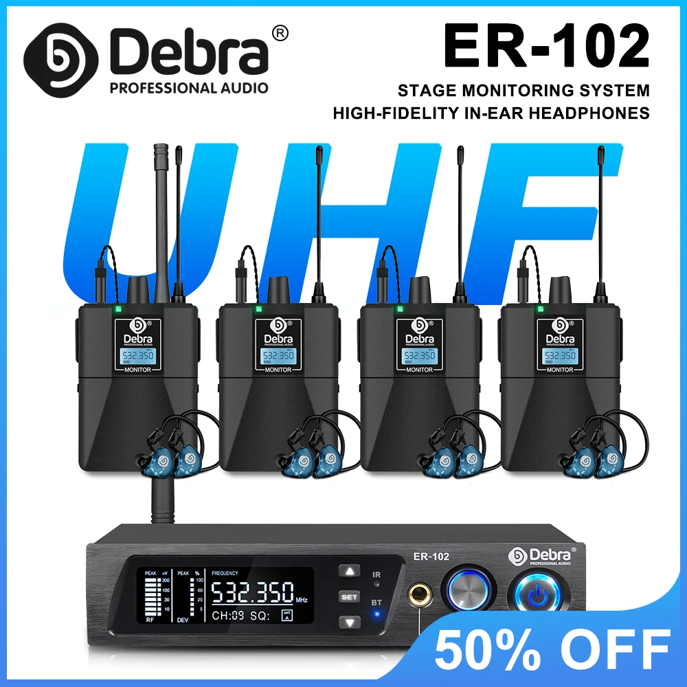 

Беспроводная система мониторинга Debra ER-102 UHF с Bluetooth 5.0 для сценических выступлений, записи, использования в группах, для барабанщиков, для церковных выступлений.