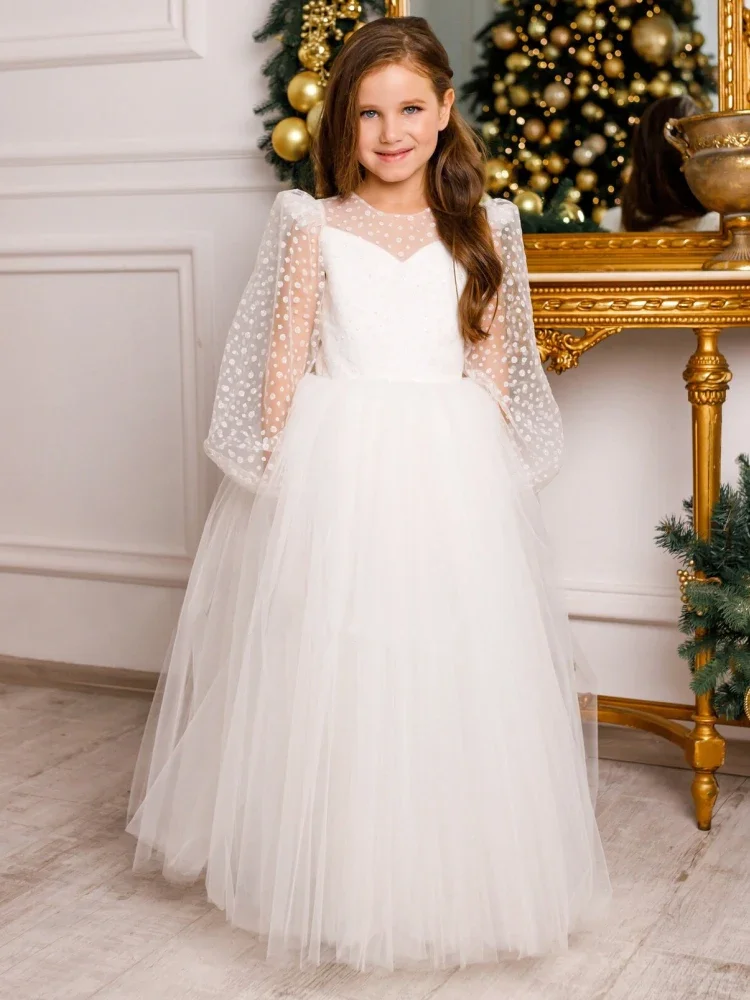 

Flower Girl Dresses White Tulle Wave Point Top With Bow Long Sleeve For Wedding Birthday Party First Communion Gowns