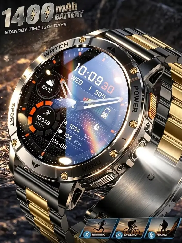 Ultra Große 1400mAh Batterie Sport-Smartwatch 1,7” Herzfrequenz Taktische Starke Taschenlampe 5ATM Wasserdicht Anruf-Smartwatch für Männer