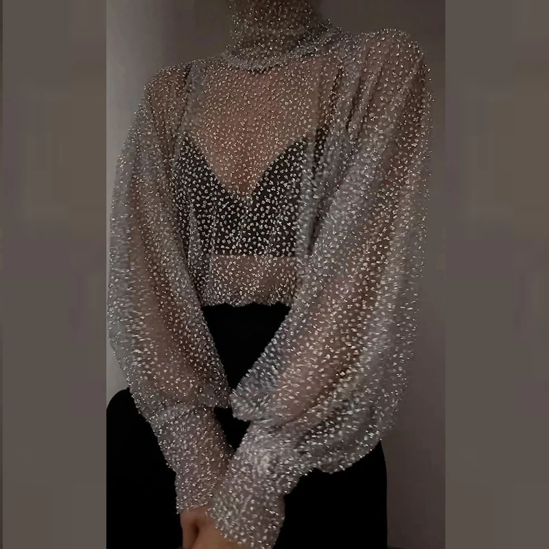 Blusa de fiesta brillante con lentejuelas y cuello alto para mujer, Top transparente de encaje de malla, camisa de oficina con manga acampanada para