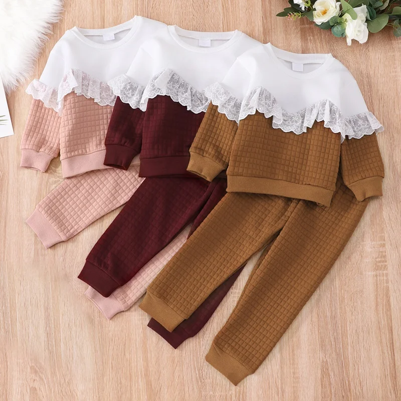 Spring Autumn Girls Clothing Sets Patchwork Lace Ruffles Long Sleeve Tops+trousers 2PCS Sets Fashion Children Kids Clothes 1-6Y