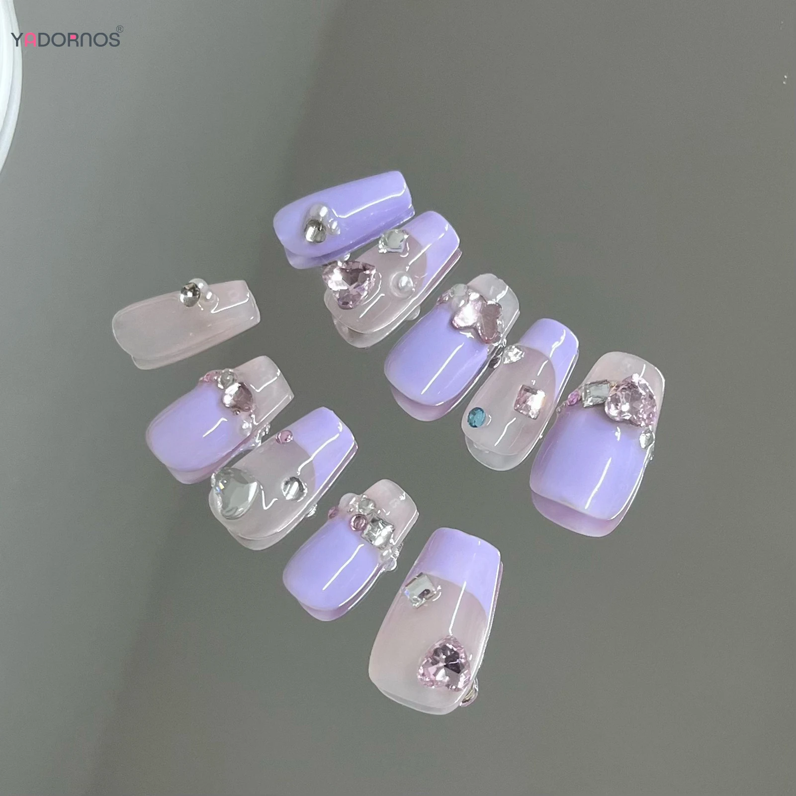Dicas de unhas postiças artesanais bailarina, estilo francês roxo, pressione unhas, decoração de diamante, mulheres e meninas, 10 peças