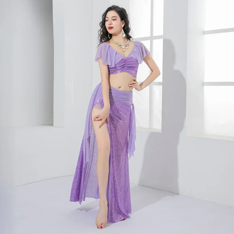 Belle lumière féerique de luxe à paillettes, costume d'entraînement de danse orientale pour femmes adultes, vêtements d'entraînement de danse du ventre