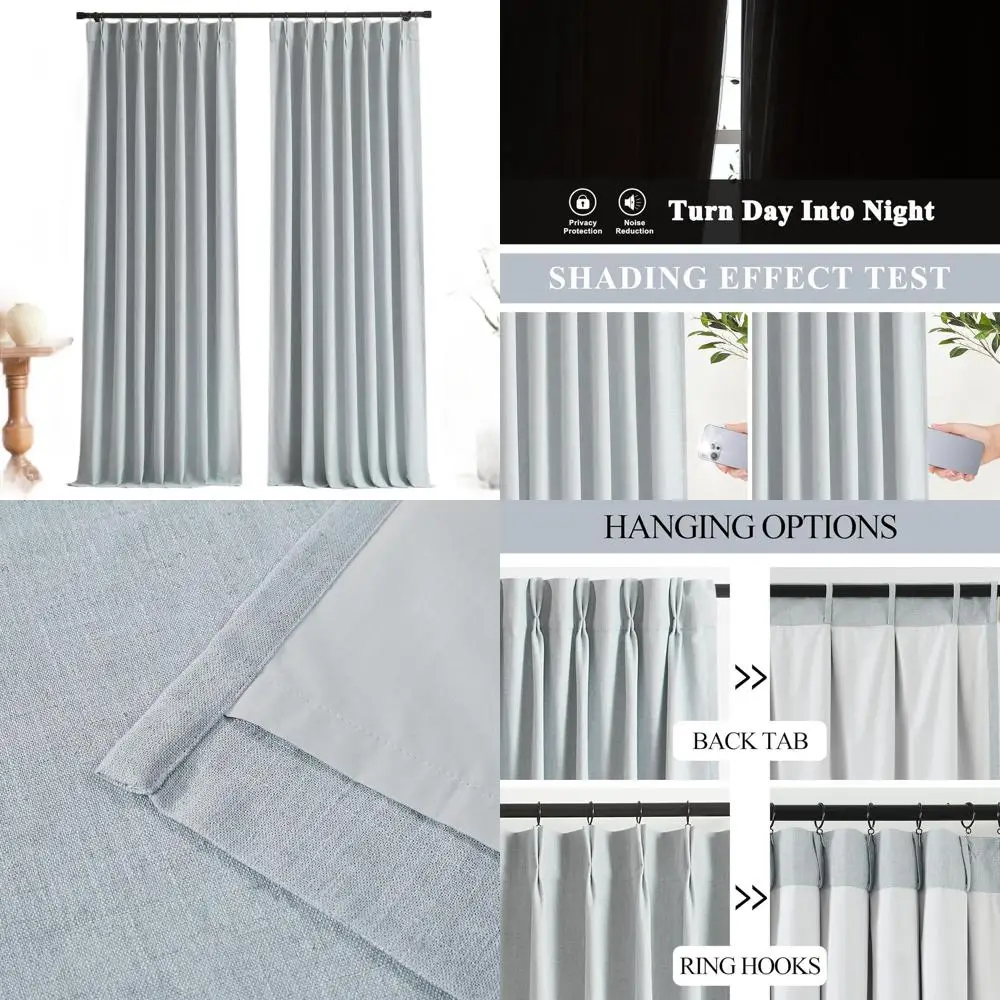 

Linen Blended Blackout Curtains, 84 Long, Pinch Pleated, Room Darkening, Thermal Insulated, 2 Panels, 40 Wide, Blue Fog