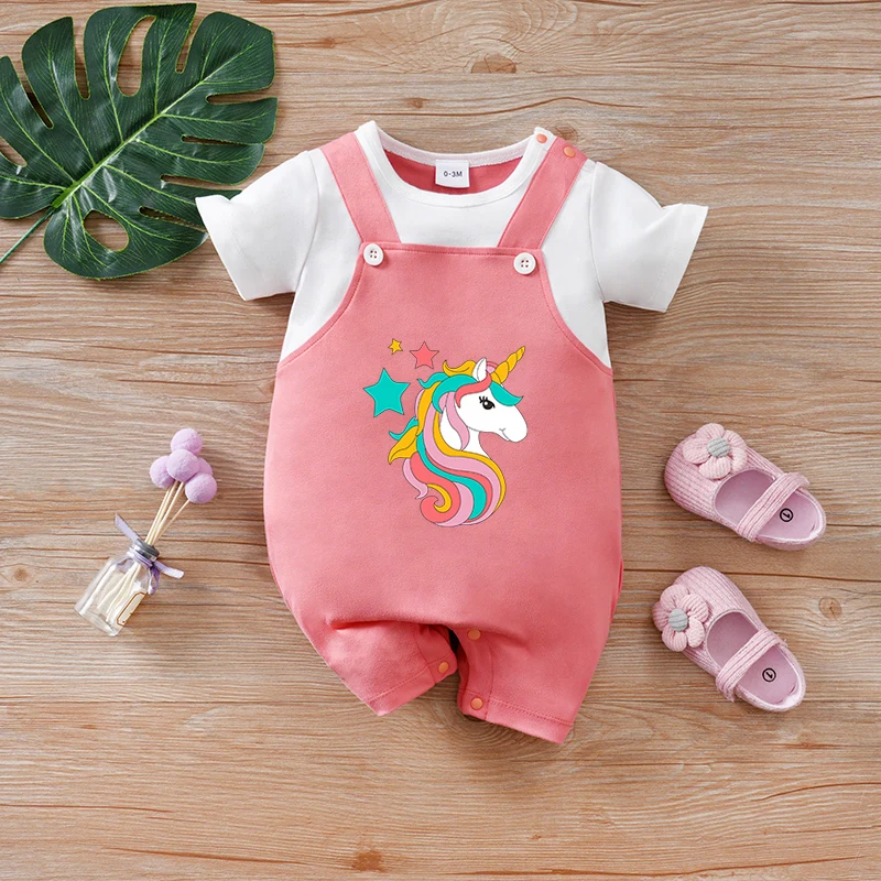 

Newborn boys, girls and babies summer fake 2-piece straps, pink unicorn short-sleeved round neck jumpsuit