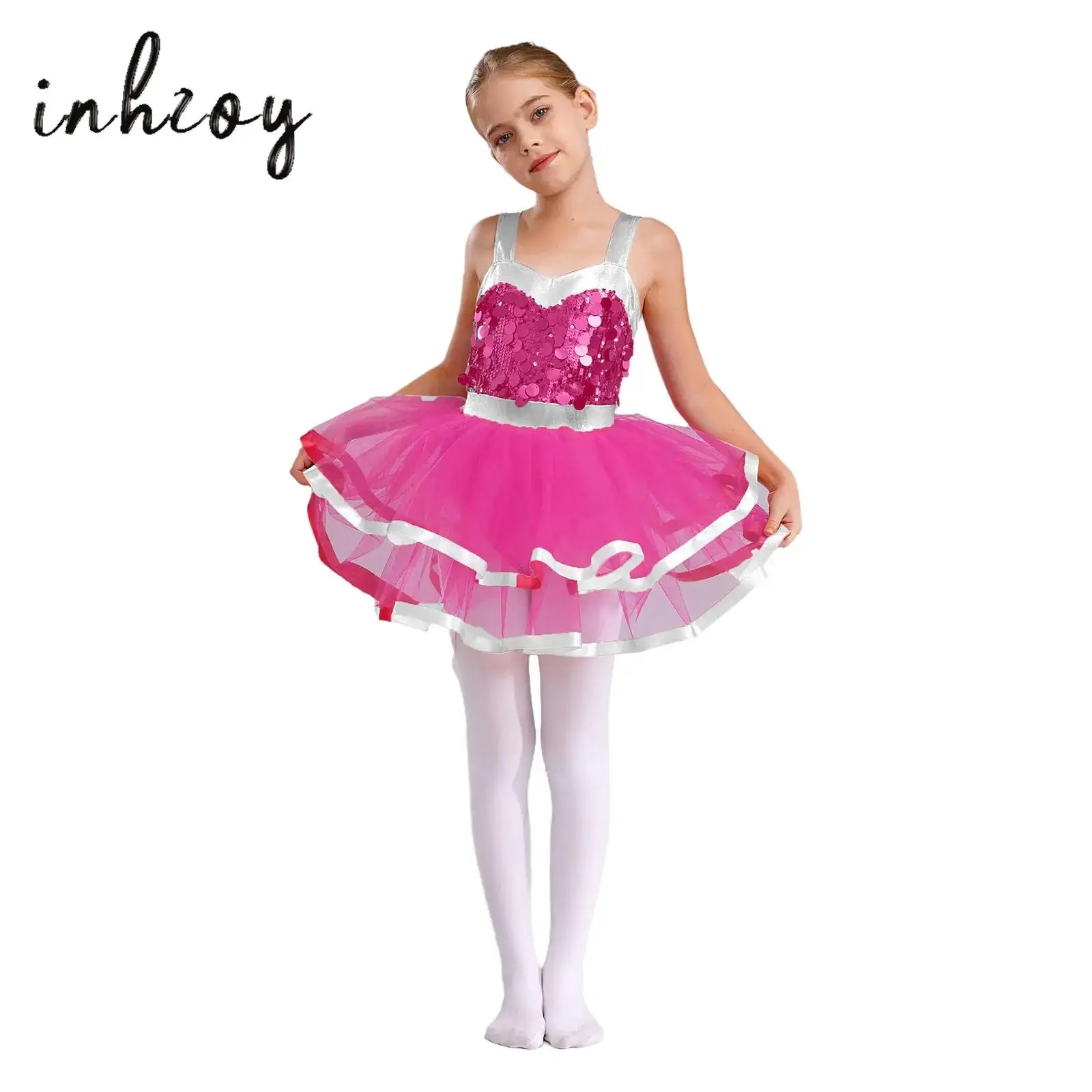 

Kids Girls Ballet Dance Leotard Dress Sleeveless Shiny Sequins Color Block Tulle Tutu Dresses for Jazz Latin Dance Performance