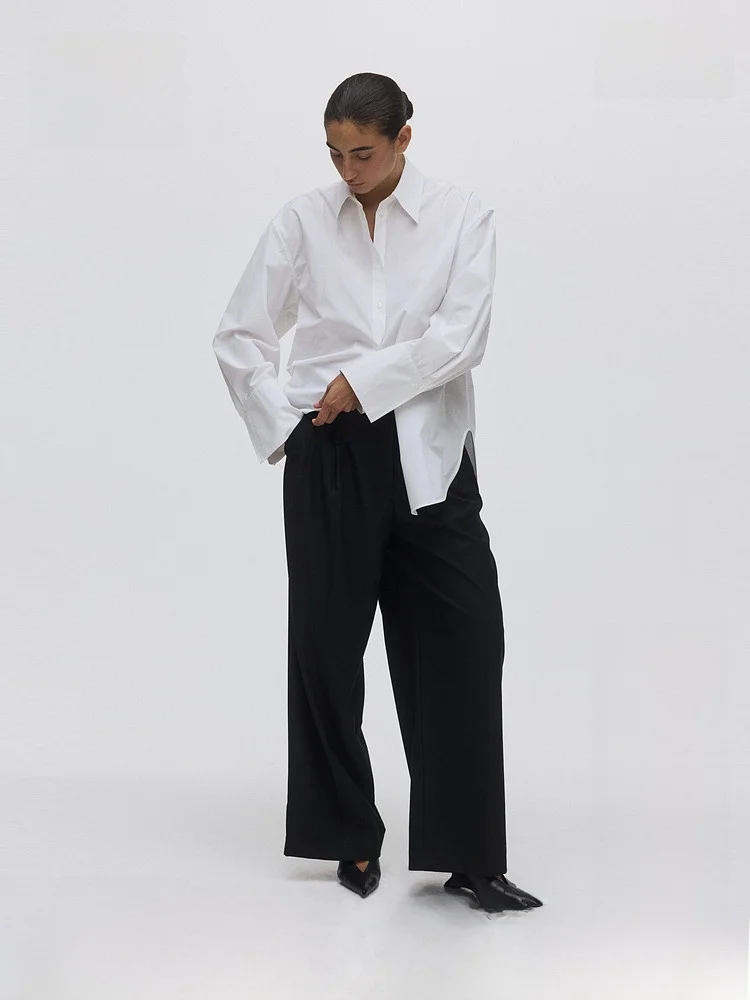 

Брюки H&M с высокой талией и широкими штанинами для женщин, осень 2025, длинные брюки, 68% полиэстер, 30% вискоза, 2% спандекс, эластичное волокно