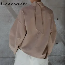 Kuzuwata Casual Stand Collar Long Sleeve Pullover Shirt French Style Lazy Loose Slim Ropa Mujer Japan Luxury Elegant Girl Blusas