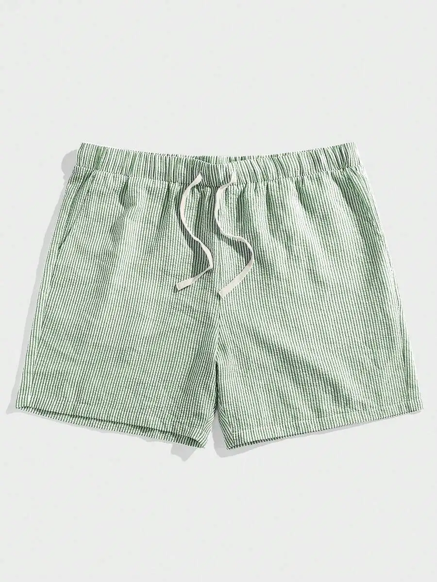 

Mens Woven Drawstring Waist Shorts With Light Green Vertical Stripes And Relaxed Fit