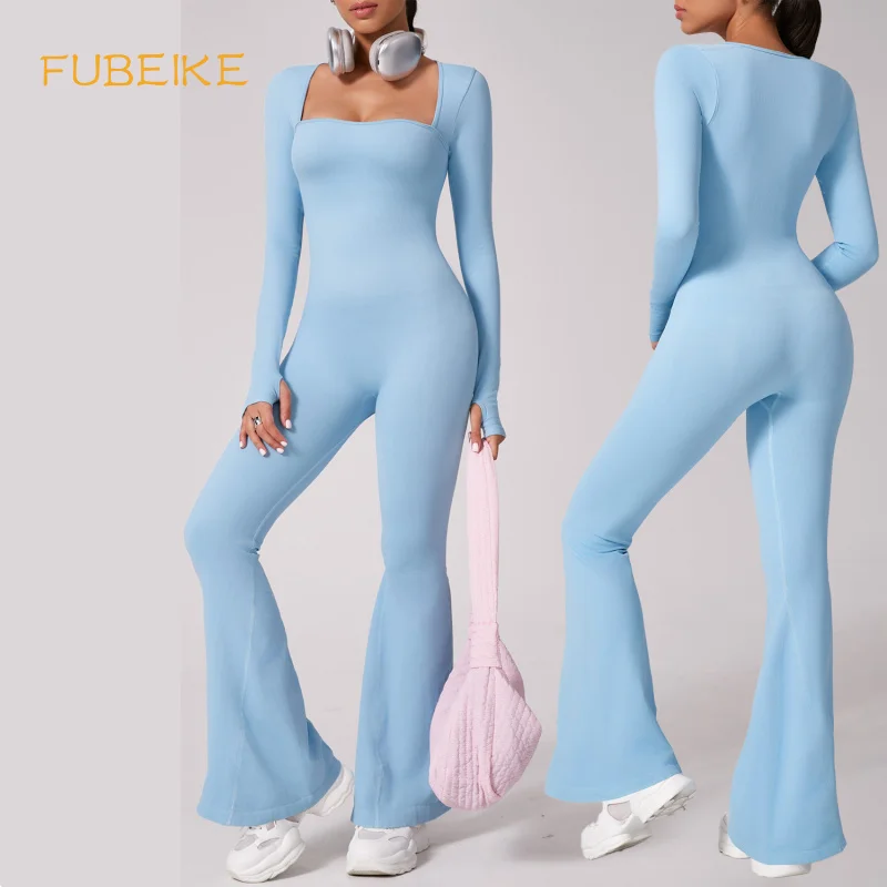 FUBEIKE Gym Jumpsuits Woman Square Collar Long Sleeve Seamless Bodycon Sports One-Piece Flared Pants Women's Thermal Leggings