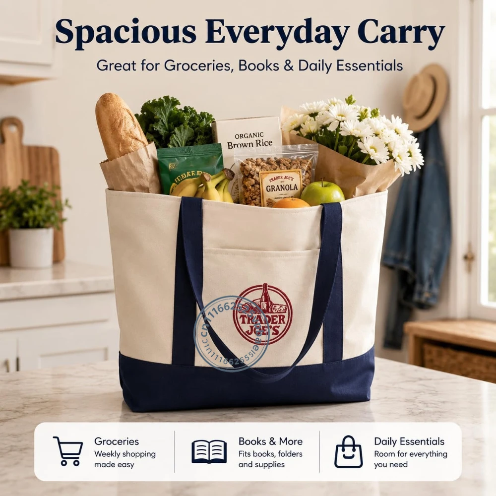 Large Canvas Tote Bag for Trader Joe's, Reusable 12 oz Cotton Tote Bag with Embroidered, Front Pocket & Reinforced Bottom
