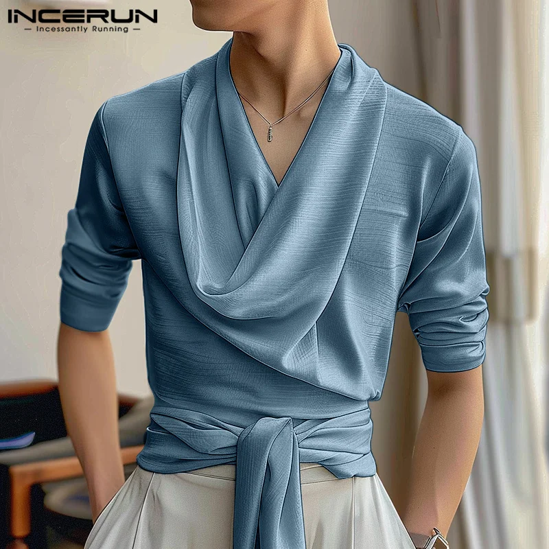 

INCERUN Tops 2024 American Style Fashion Men's Swing Neck Design Strap Shirts Casual Hot Selling Solid Long Sleeved Blouse S-5XL