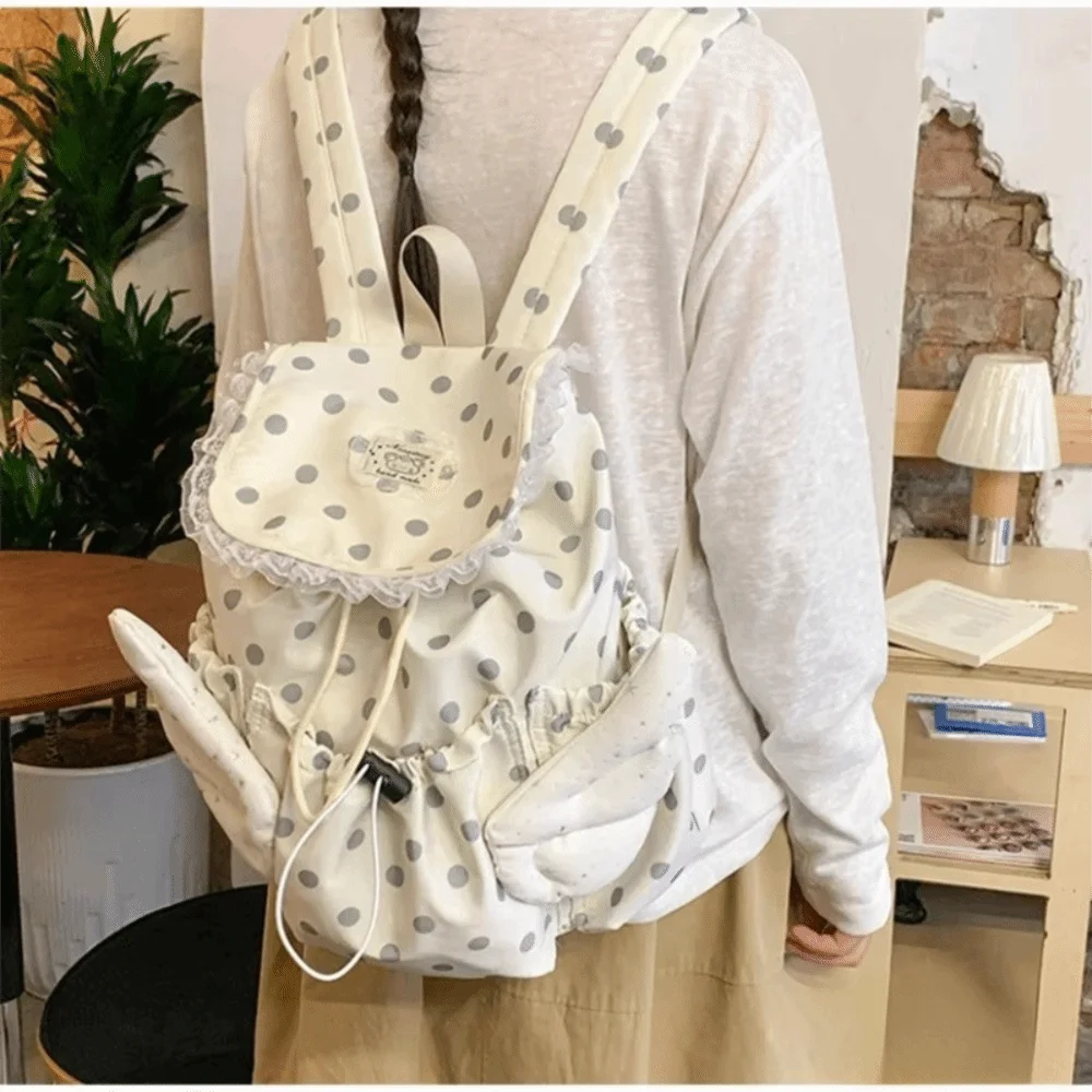 Polka Dot Pattern Drawstring Backpack Angel Wings Large Capacity School Daypack Lace Trim Adjustable Drawstring Travel Backpack