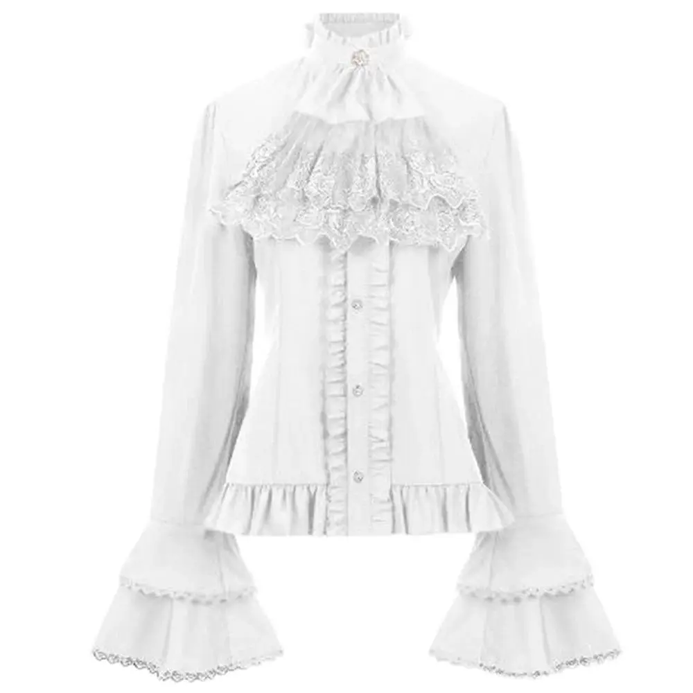 Pleated Shirt Medieval Clothing Steampunk Victorian Top Inner Flare Sleeve Lace Embroidery Ruffles Bandage Design Blouse