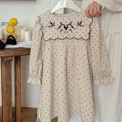 Retro Embroidered Polka Dot Girls' Dress Made of Pure Cotton for Autumn Long Sleeved with A Collar Stylish Dress for Children