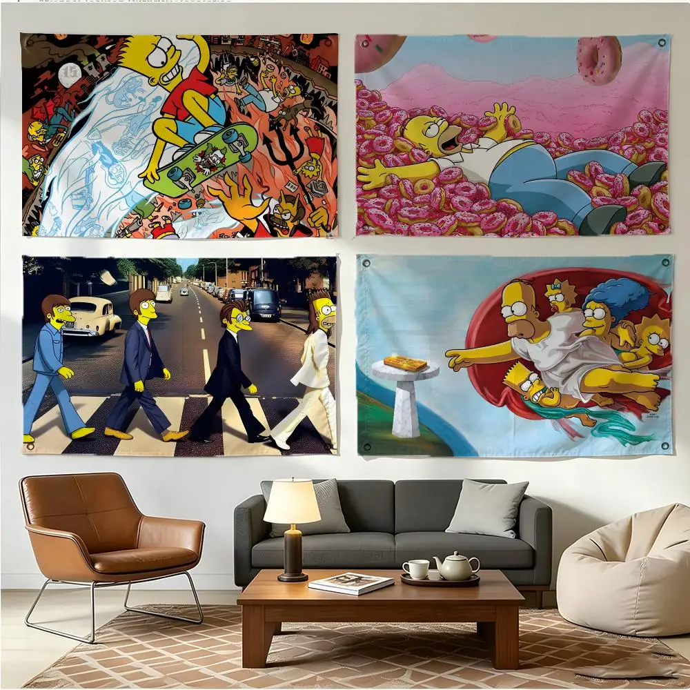 Cartoon Comedy The Simpsons Flags Four Ring Borderless Art Decor Indoor Outdoor Use Simple Hang And Install