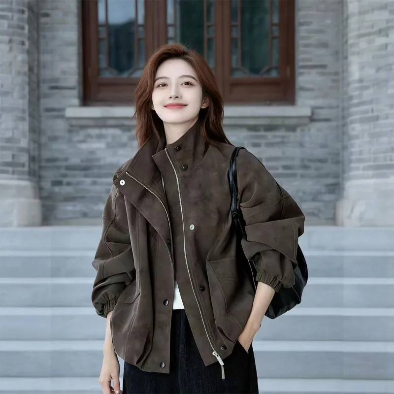 American Retro Leather Jacket for Women, Spring and Autumn 2026 New Short Style Stand Up Collar Zipper Jacket, High-end and Cool