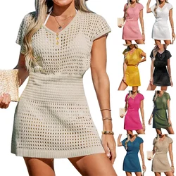 Summer Women's Bikini Swimsuit Cover Up Dress Sexy Mesh Hollow Knitted Mini Beach Skirt Solid Color V-neck Tunic Dress Beachwear