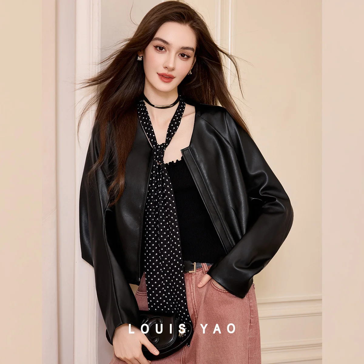 LOUIS YAO Fashionable V-Neck Faux Leather Women's Jacket 2025 Autumn Stylish V-Neck Cardigan with Removable Bow Women's Top