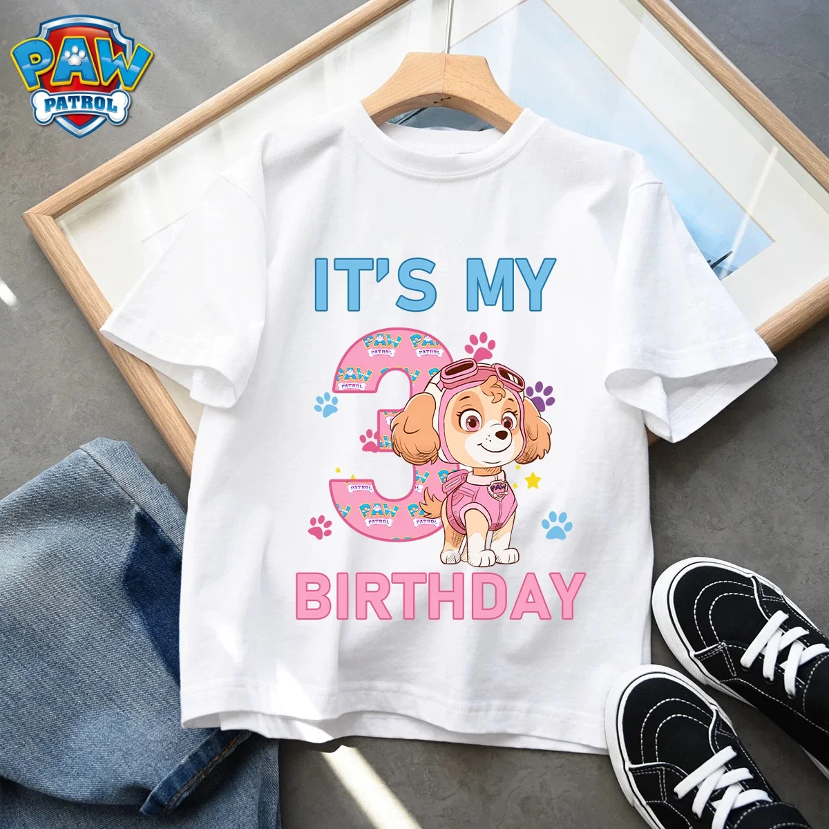 Paw Patrol Kids Clothes Cartoon Anime Skye Clothing Crew Neck Girls Baby Skin-friendly Breathable White T-Shirt Birthday Gift