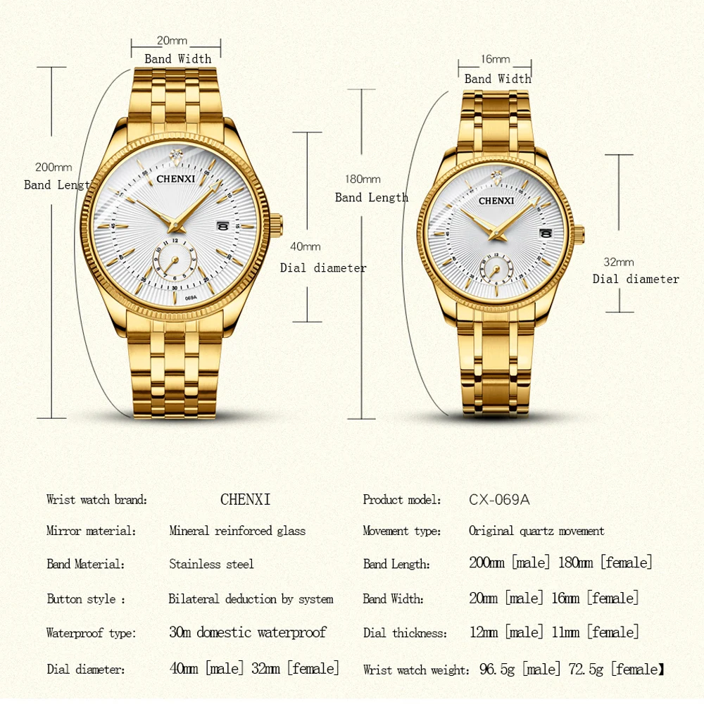 CHENXI Coppia di moda Orologi dorati Orologio casual al quarzo per uomo e donna Orologio da polso impermeabile con calendario luminoso in acciaio inossidabile