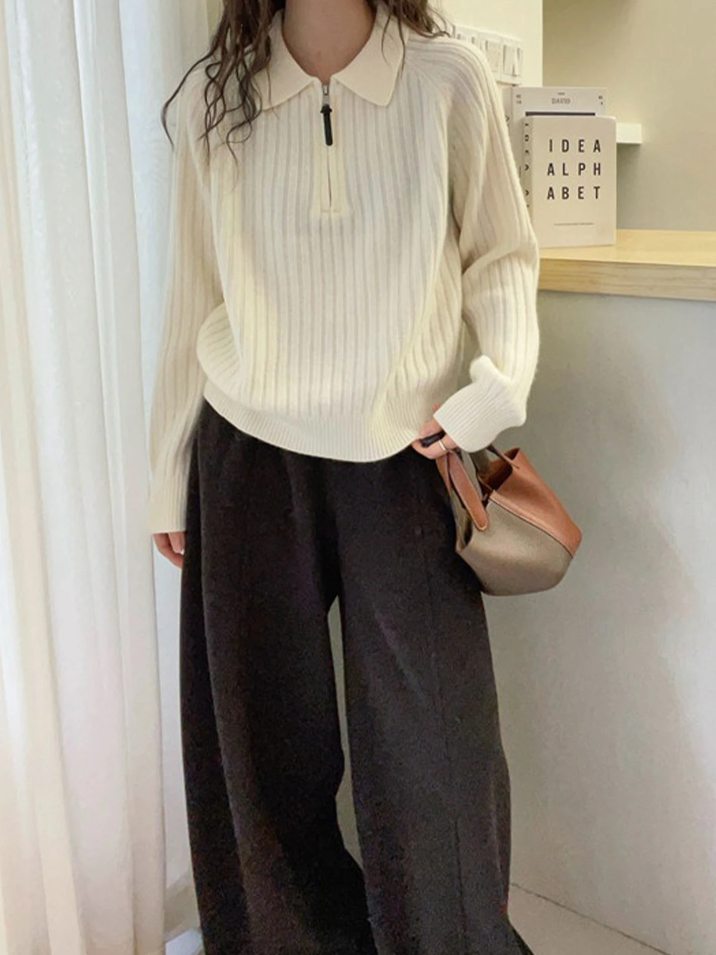 سترة كشمير أنيقة بأكمام طويلة على الطراز الكوري بلون واحد متعددة الاستخدامات بياقة للنساء ضرورية لموسم الشتاء