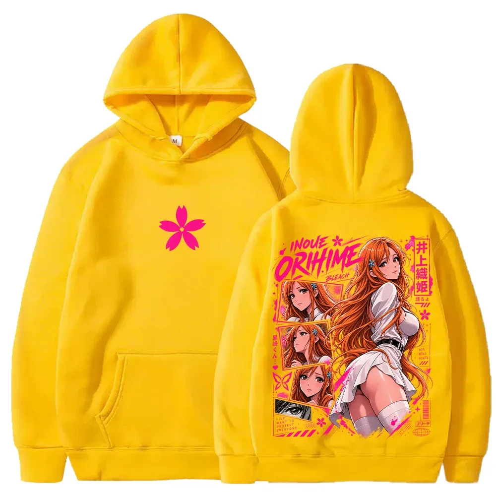 Anime Bleach Inoue Orihime Hoodie Men Women Harajuku Streetwear Pink Sakura Print Front Back Graphic Hooded Sweatshirt view 5