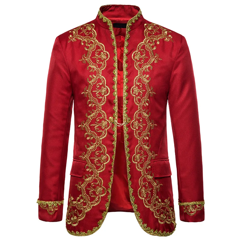 Mens Dinner Dress Suit Jacket Court Prince Party Tuxedo Blazer Embroidery Sport Coat Men Stage Prom Opera Blazers Male Red XXL