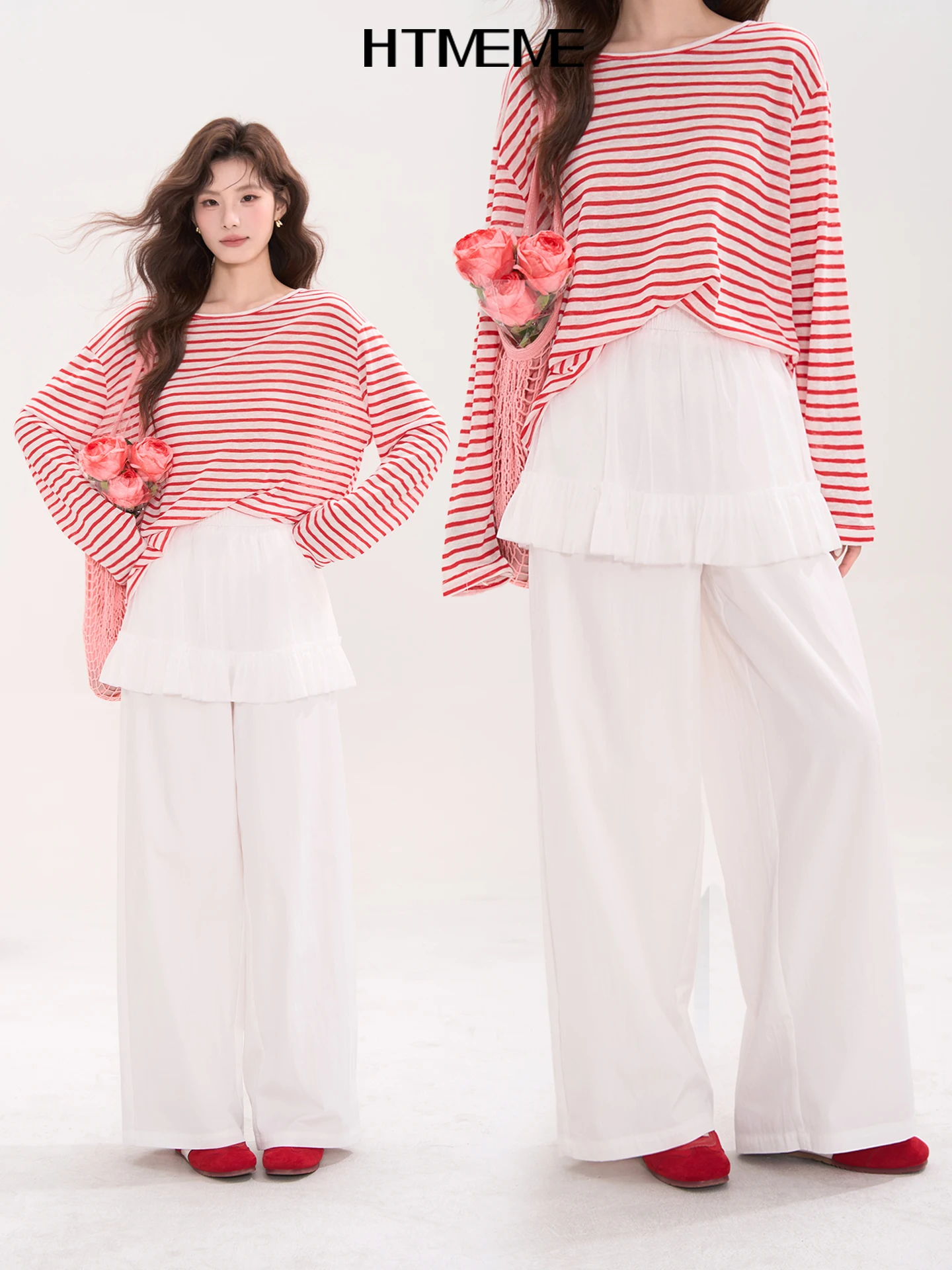 

Модные прямые хлопковые повседневные брюки для женщин, весна-лето, с естественной талией, эластичным низом и дизайном в виде сетчатой юбки