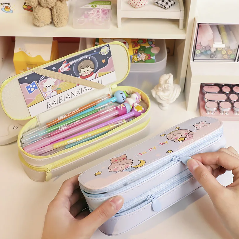 Kawaii Double Layer Pencil Case Large Capacity Waterproof Pencil Bag Korean Stationery box Children Pen Bag Cute School supplies