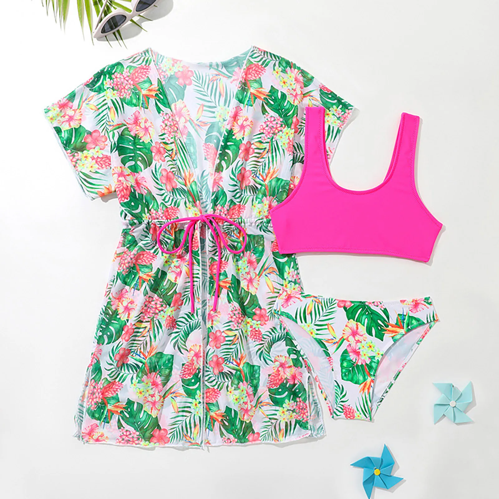 

Two Piece Short Bathing Suit Toddler Baby Girl's 3 Piece Swimsuits Green Leaves Prints Bikini Bathing Suit Swim Shorts Girls
