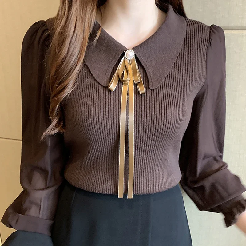 Women Chiffon Patchwork Sweater Lantern Sleeve Turn-down Collar Pullover Office Lady Sweater For Women 2024 Autumn