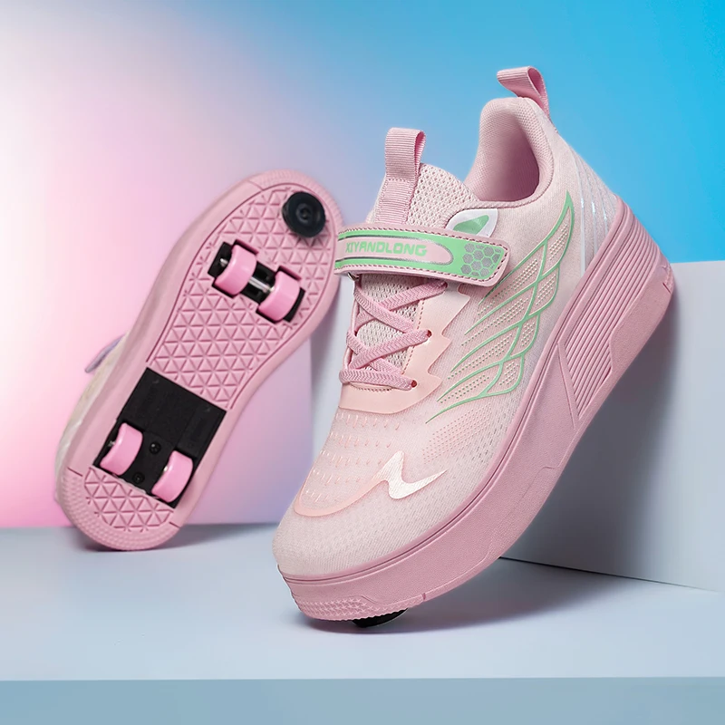 

Квадровые коньки для начинающих с дышащей сетчатой тормозной системой, детские регулируемые роликовые коньки с тормозами, 4-колесные двойные подшипники, подарок