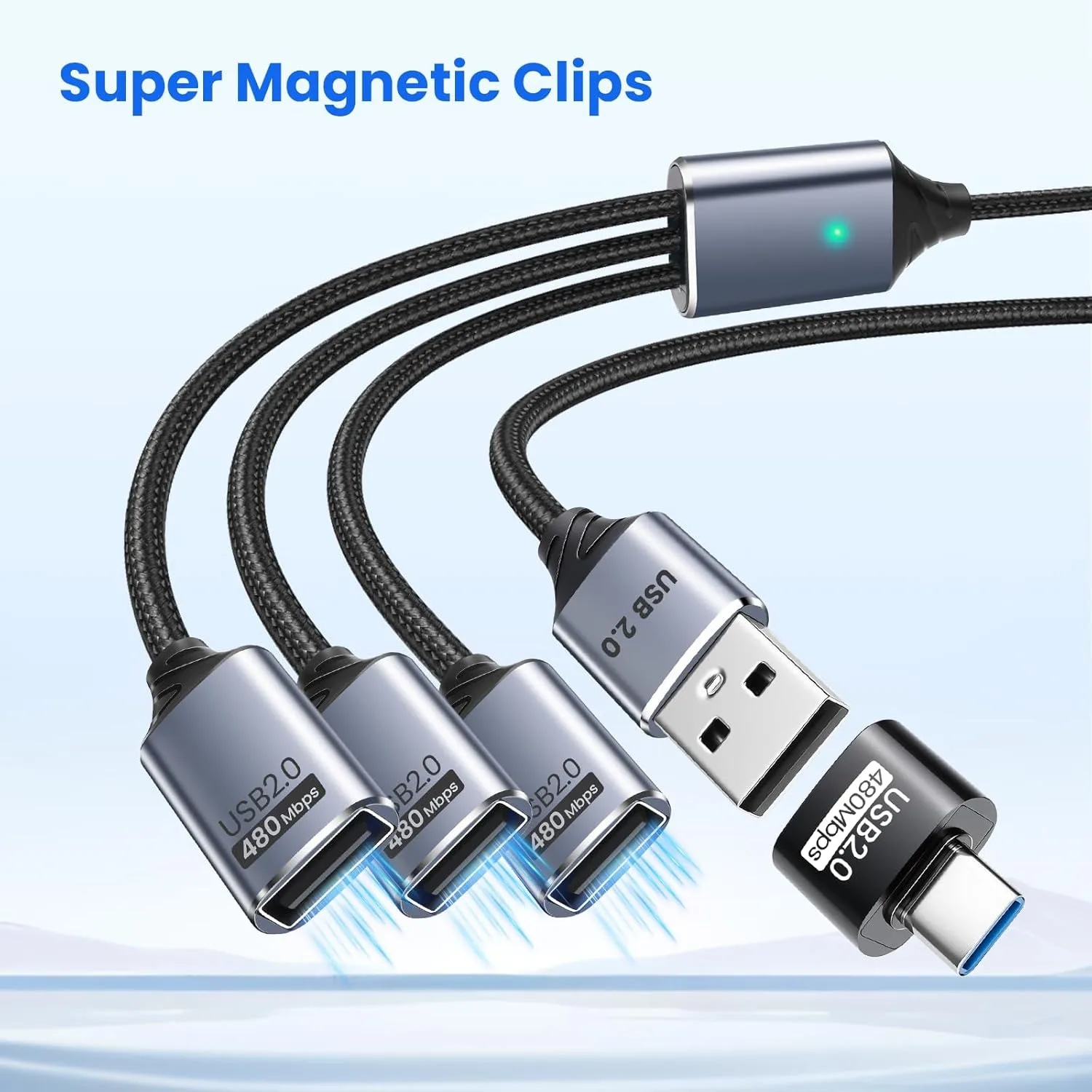 USB Splitter 3 Port With USBC Adapter for Laptop, 1 in 3 Out Extension Cable, Data and Power Cable Compatible with PC Keyboard