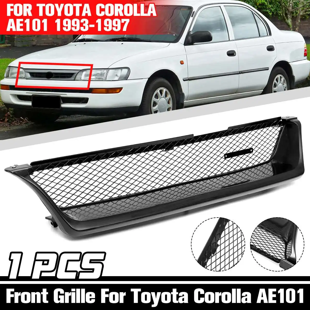 Glossy Black Car Front Bumper Hood Mesh Grille Grill Cover ABS For Toyota For Corolla 1993-1997 AE101 Crossweave Racing Grills