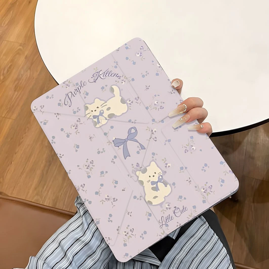Purple Floral Cat Tablet Case For iPad Pro 11 12.9 13 A16 M2 M4 M3 M5 Shell 8.3 9.7 10.2 5/6/7/8/9/10/11th Mini Air 3 4 5 Cover