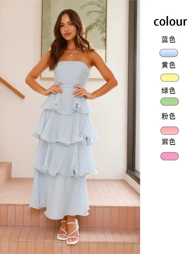 

Women's Elegant Tube Top Party Cake Dress Sexy Backless Fashion Solid Color Multi-layered Hem Banquet Dresses Vacation Vestidos