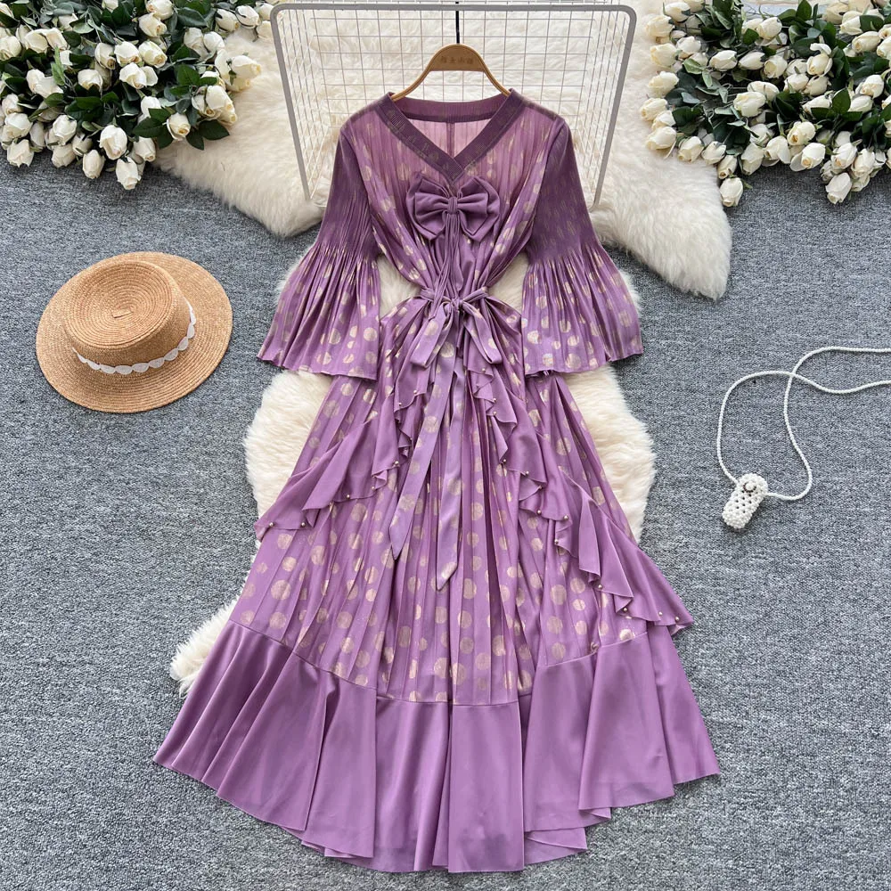

Long Dress Women Dresses A Line Vestidos Ruffles High Waist Streetwear V Neck Flare Sleeve Pleated Elegant Splice Y2k Work 2025