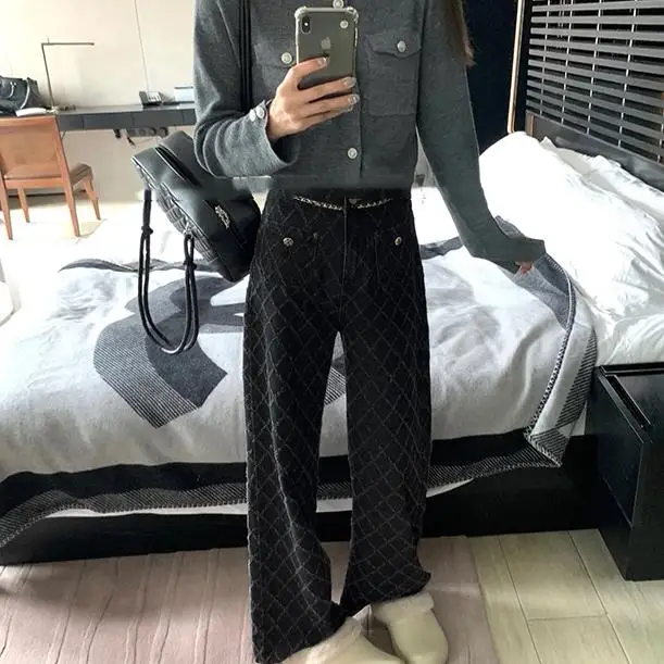 

Flattering Straight Leg Embroidered Denim Pants Women's Autumn Winter Bla Slimming Floor-Length Casual High Waist Jeans