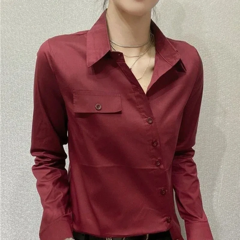 Office Lady Slim Simplicity Blouse Spring Autumn New Long Sleeve Polo Neck Asymmetrical Shirt Tops Vintage Elegant Women Clothes