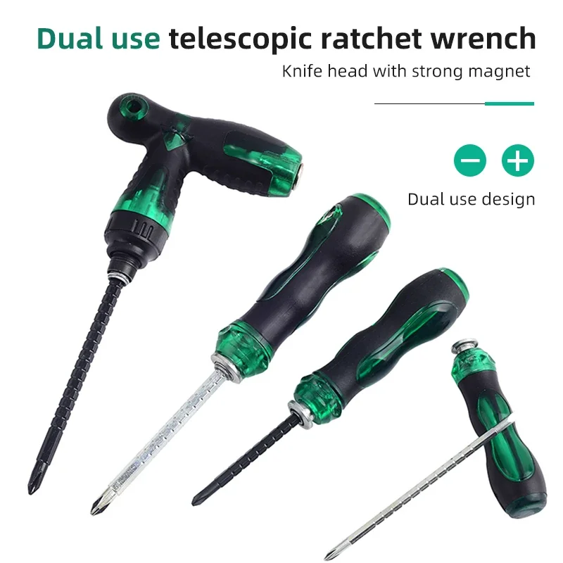 Multi functional ratchet screwdriver, telescopic screwdriver cross shaped One-word Dual-purpose Interchangeable Head Locating