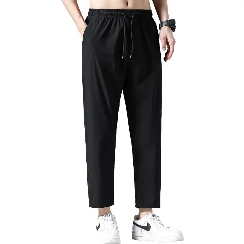 Summer Ice Silk Men's Pants Breathable Loose Straight Style Fashion Brand 2024 New Sports Nine Point Men's Casual Long Pants