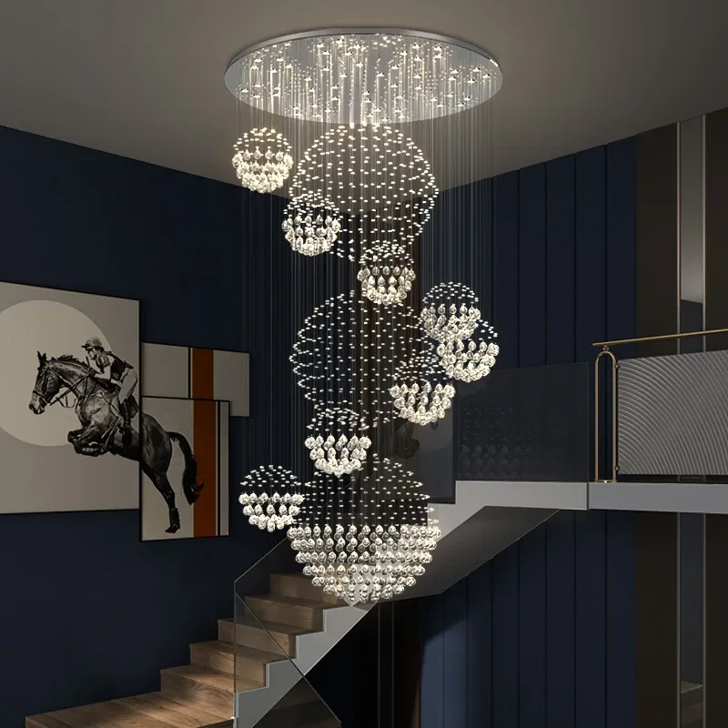 

Duplex building, modern minimalist villa, crystal lamp, hotel hall, living room, large chandelier