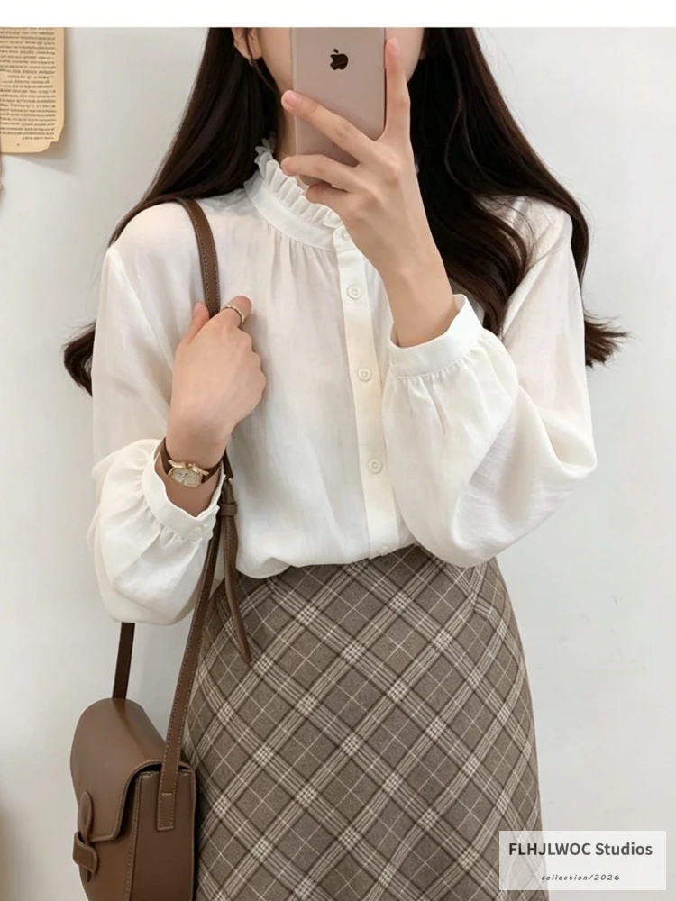 

Stand Collar Retro Vintage Tops Blouses New Fashion 2026 Elegant Office Lady Long Sleeve Solid Basics Work White Shirts