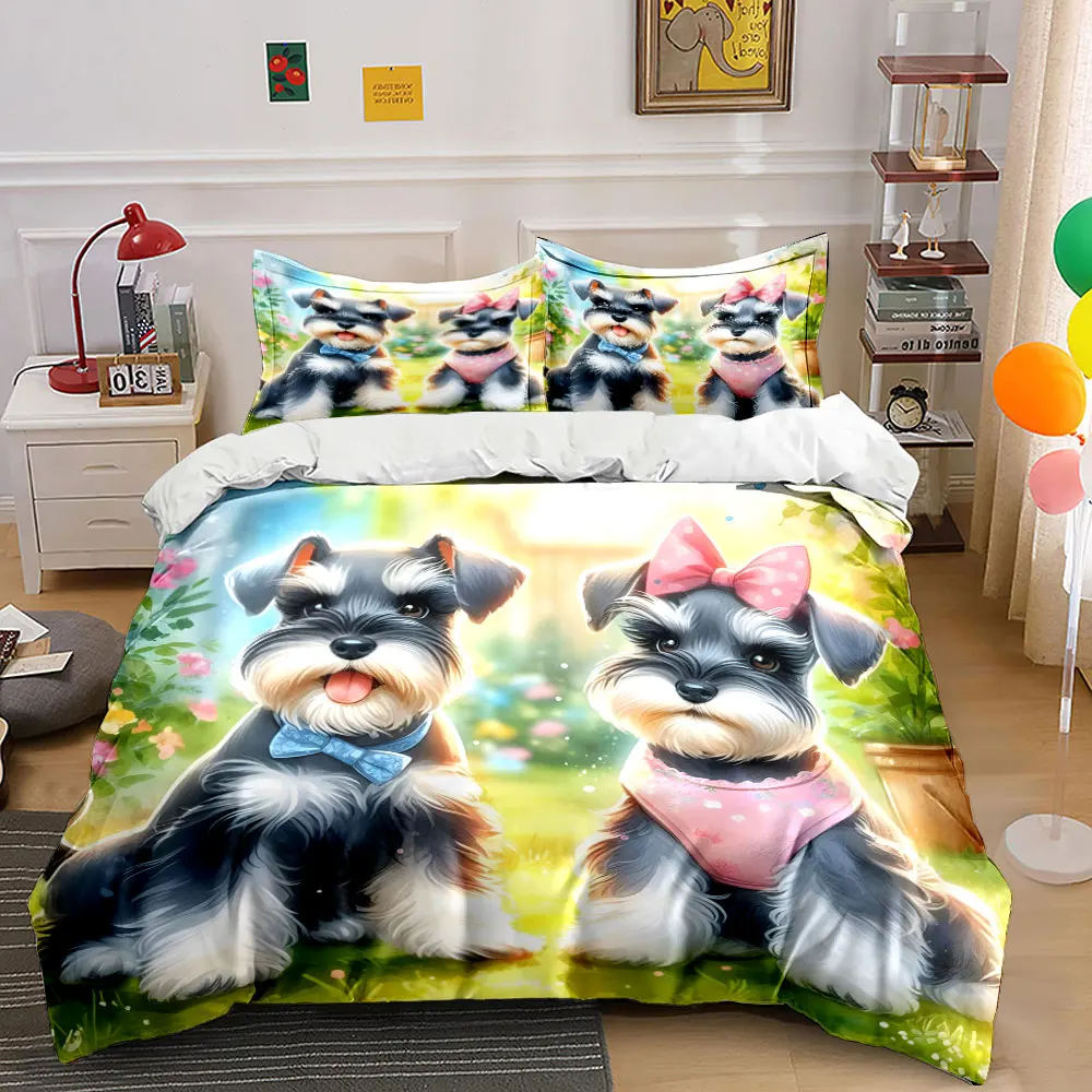 Pet Garden Trio: Cute Schnauzer Decor Multiple sizes kid's and adults' bedroom Exquisite 3PC bedding set, gift