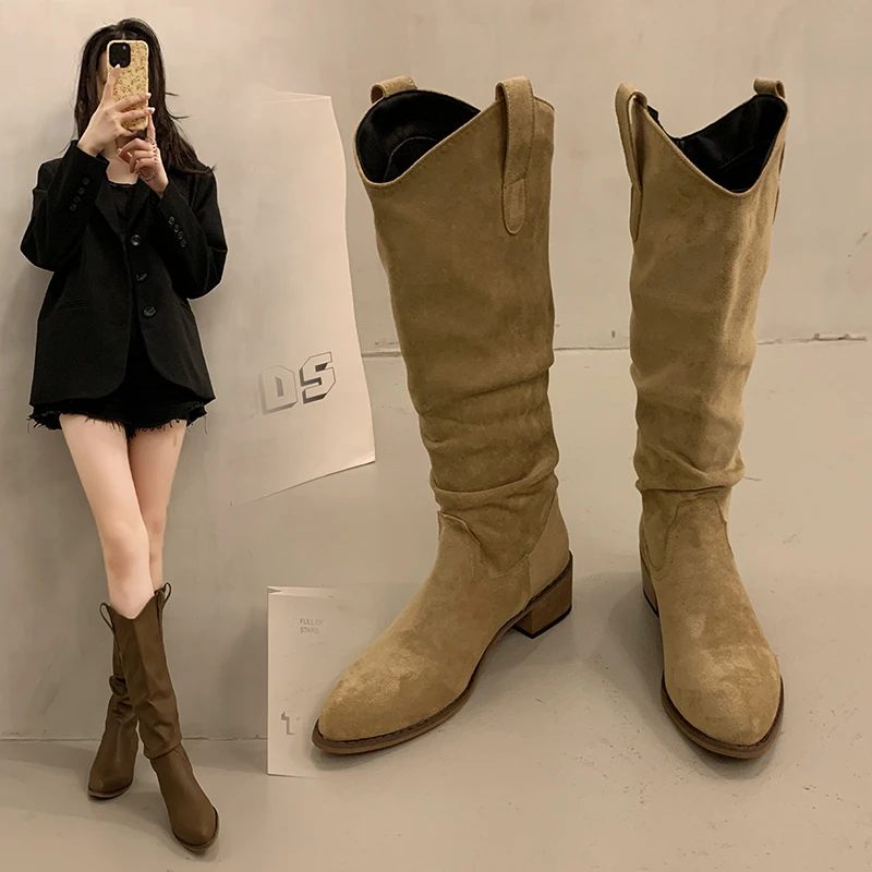 

НОВЫЕ женские простые модные и универсальные замшевые сапоги с маленьким квадратным носком, осенние сапоги до колена, повседневные женские сапоги